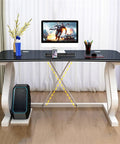 Spacious Gaming Desk With Extra Wide Work Surface And Smooth Curved Edge Multifunctional Home Office Computer Table with monitor and phone.