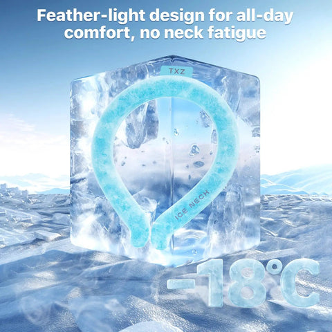 All Day Ice Neck Wrap For Summer Heat Relief cooling tube encased in ice, highlighting quick freeze gel and blue design.