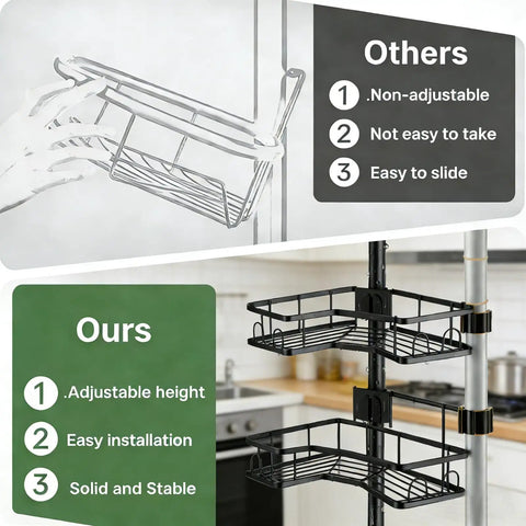 Comparison showing Corner Shower Caddy Tension Pole 4 Tier Rustproof Shelves Adjustable Floor Standing Bath Rack in black