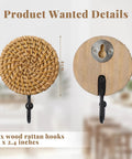 Front and back view of Four Pack Boho Rattan Wall Hooks Set With Distressed Wood Frames, 6cm hook with woven rattan and metal.