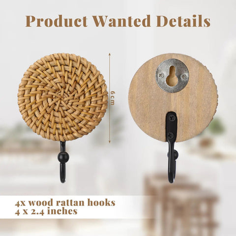 Front and back view of Four Pack Boho Rattan Wall Hooks Set With Distressed Wood Frames, 6cm hook with woven rattan and metal.