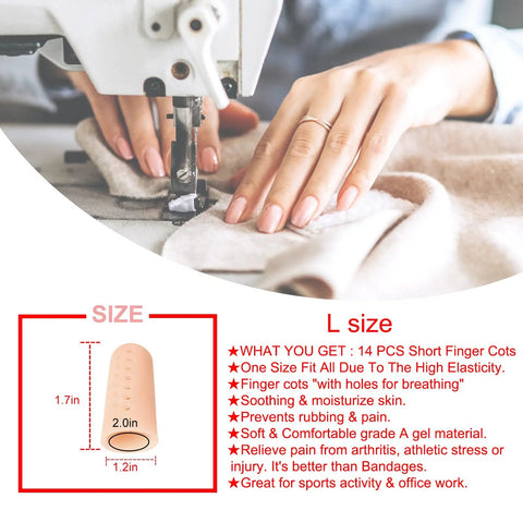 Hands using sewing machine with Breathable Gel Finger Cots Pack For Real All Day Comfort No Latex Hassle Silicone Finger Covers