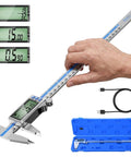 12 Inch Digital Caliper With Rechargeable Stainless Steel Body, Type C Charging, Auto On Off, Quick 50 Minute Charge For Months Of Everyday Use, Ideal For Woodworking, Metalworking, And DIY Projects, Precise Measurements Every Time. Stainless steel caliper with USB cable and case