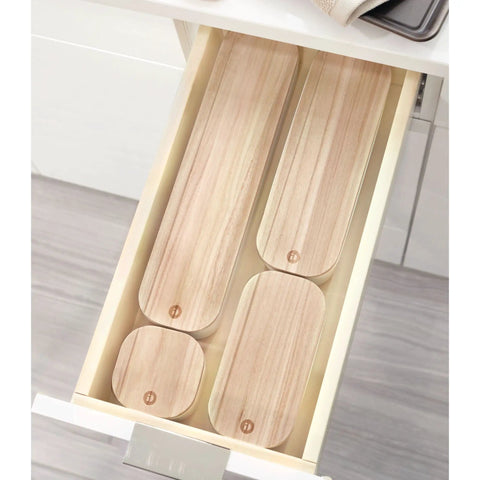 Drawer view of Recycled Plastic Drawer Organizer Bin With Paulownia Wood Lid, Ultra Compact 3.6 By 14.4 By 2.4 Inches, Coconut Finish