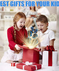 Kids opening gift box with All In One Kids Protective Gear Set 6 In 1 Knee Pads Elbow Pads Wrist Guards For Ages 3 To 14 Boys Girls