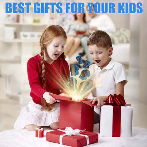 Kids opening gift box with All In One Kids Protective Gear Set 6 In 1 Knee Pads Elbow Pads Wrist Guards For Ages 3 To 14 Boys Girls