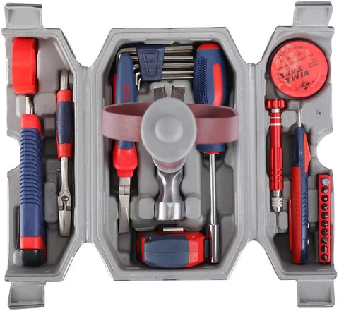 Thor Hammer Tool Set 44-Piece Mjolnir Inspired Handyman Kit in open tray with tools for home repairs and DIY projects.