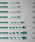 Masonry drill bit set, 12 pcs, sizes 1/8"–9/16", tungsten carbide, 1/4" hex shank, green storage case.