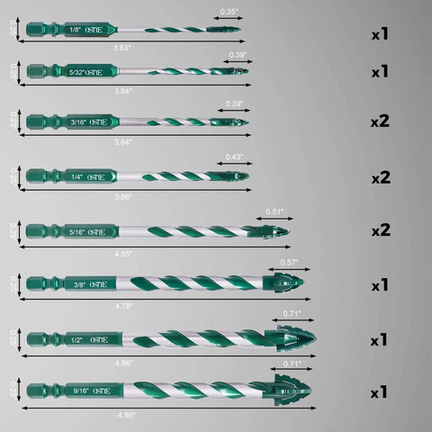Masonry drill bit set, 12 pcs, sizes 1/8"–9/16", tungsten carbide, 1/4" hex shank, green storage case.