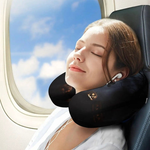 Woman resting on airplane with Gothic Happy Halloween Travel Pillow U Shape Neck Support For Air Travel Car Ride Office Or Home Napping Portable Headrest Ergonomic Memory Foam Fill Super Comfy And Compact Comfort For Long Trips.