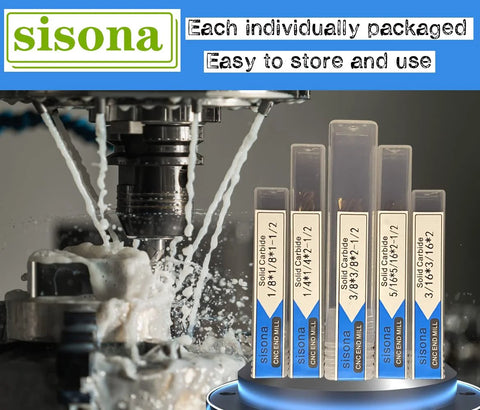 Sisona solid carbide end mills set, 5 pcs, stored in labeled blue-and-white tubes (front view)