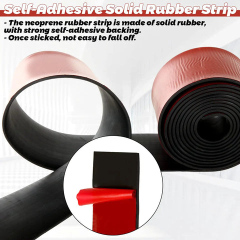 Neoprene Rubber Sheet With Self Adhesive Backing One Eighth Inch Thick Three Inch Wide Ten Feet Long for DIY projects, showing rolled sheet and adhesive backing.