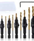 Smooth Operator Countersink Drill Bit Set For Woodworking Features five tapered heads and extra bits in a display case.