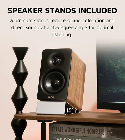 M60 Desktop Bluetooth Speaker with 66W RMS Output, Hi Res Audio, oak finish, on desk with aluminum stand for angled sound
