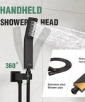 Brushed Nickel Shower System With 8 Inch Wall Mounted Rain Shower Head And Handheld Spray Valve And Trim Included, showing brass handheld and hose