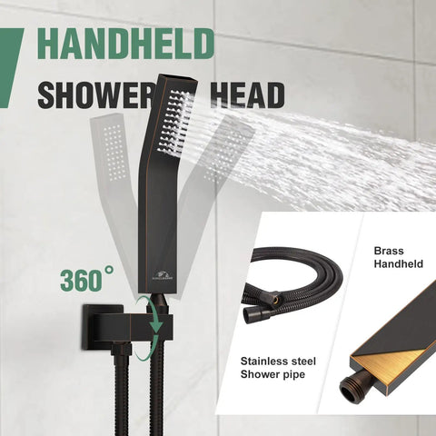 Brushed Nickel Shower System With 8 Inch Wall Mounted Rain Shower Head And Handheld Spray Valve And Trim Included, showing brass handheld and hose
