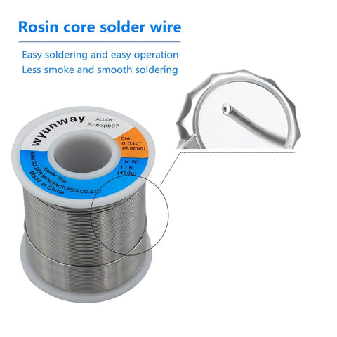 Solder Wire 63/37 Tin Lead With Flux Rosin Core For Electrical Soldering 1.0mm 450g spool with close-up of wire tip