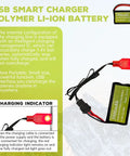 Two Pack Seven Point Four Volt 3000 mAh 15C 2S Li Ion Battery With SM 4P Plug And USB Charger, charging with indicator light