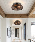 2 Light Rattan Ceiling Light 12.6 Inch Semi Flush Mount Handwoven Boho Brown Farmhouse Cage Fixture in hallway