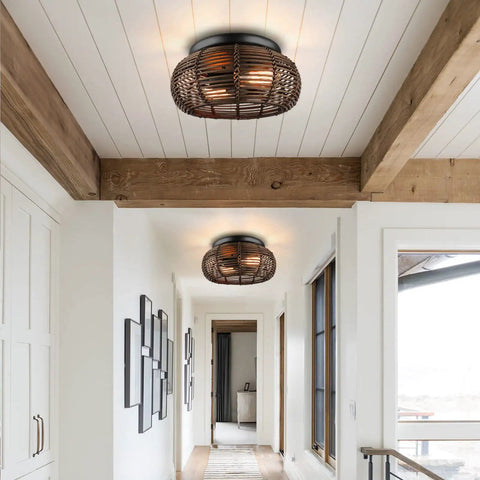 2 Light Rattan Ceiling Light 12.6 Inch Semi Flush Mount Handwoven Boho Brown Farmhouse Cage Fixture in hallway