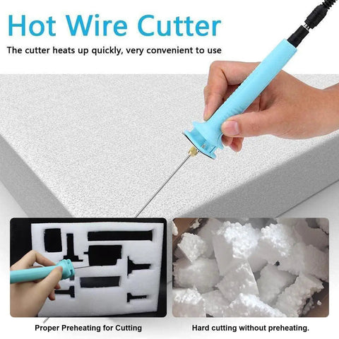 Electric Hot Wire Foam Cutter Pen 10cm For Styrofoam Board With Stand And Adapter Safe Non-Slip Hand Craft Art Tool For White Foam Cutting Projects Easy To Use, demonstrating quick heating and cutting functionality.