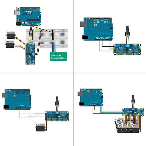 Diagram of Four Pack PCA9685 16 Channel 12 Bit PWM Servo Driver Board For I2C Interface setup examples with various connections.