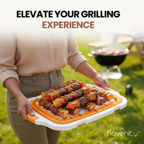 Person holding Two Pack 8L Collapsible BBQ Prep Tub With Upgraded Locking Lid Multifunction Camping Cutting Board And Meat Storage Container Perfect For Grilling Outdoor Cooking Meal Prep Tailgate Grub And Picnics in outdoor setting
