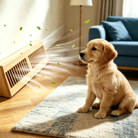 Golden retriever puppy by Oak Baseboard Floor Register 15 Inch Louvered Wood Vent Diffuser, pre-finished, smooth grain oak