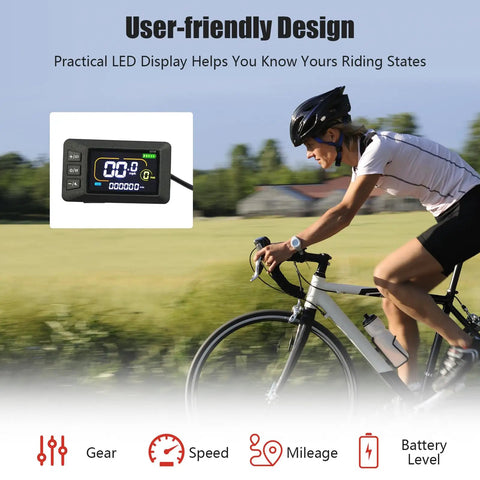 Person riding e-bike with LCD panel of the Powerful 1500W Front Wheel Hub Motor Conversion Kit For 26 By 4 Inch E Bikes displayed