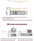 Diagram showing DIY hole punching method and steps for A4 paper using a Handheld One Quarter Inch Hole Puncher With Skid Resistant Base.