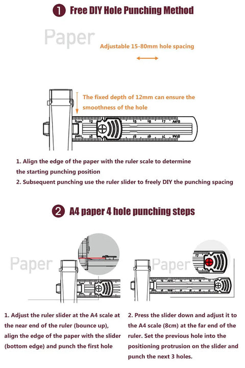 Diagram showing DIY hole punching method and steps for A4 paper using a Handheld One Quarter Inch Hole Puncher With Skid Resistant Base.