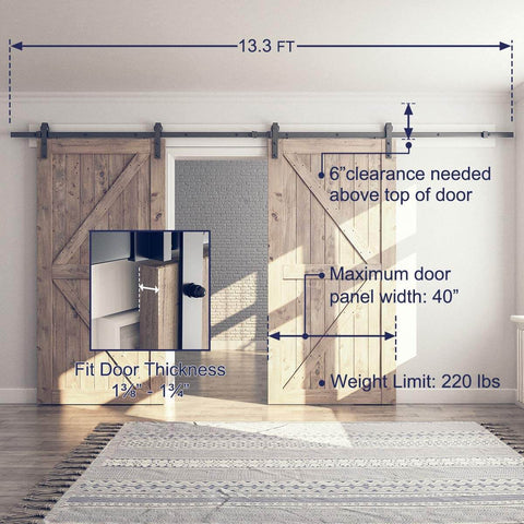 13 Ft Double Barn Door Hardware Kit With Silent Sliding Track Easy Install Fits 36 To 40 Inch Doors J Shape Hangers Black Frosted Finish Heavy Duty One Quarter Inch Carbon Steel Rail Two Piece Design For Ultra Smooth Quiet Operation installed on wood doors in a living room.