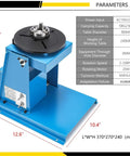 Rock Solid Rotary Welding Positioner Table With 65 Mm Chuck And Zero To Ninety Degree Tilt For Seamless Pipe Flange Welding And Job Site Projects, blue workstation with adjustable chuck.