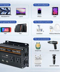 No Sweat 400 Watt 12V To 110V Power Inverter With 800W Peak Muscle, Dual AC Outlets, Three USB Plugs for various devices.