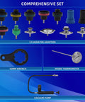 Hassle Free 16 Piece Universal Radiator Pressure Tester Kit with 13 Heavy Duty Adapters, gauge, wrench, and vacuum pump.