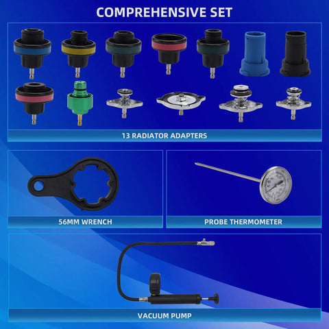Hassle Free 16 Piece Universal Radiator Pressure Tester Kit with 13 Heavy Duty Adapters, gauge, wrench, and vacuum pump.