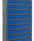 Badass Heavy Duty Closed Drawer Shelving Unit With Assorted Blue Storage Bins And Multiple Adjustable Levels For Garage Organization, side view.