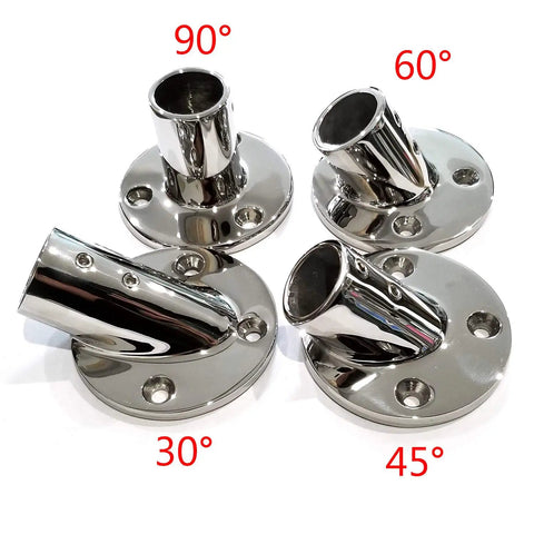 Heavy Duty 316 Stainless Marine Grade Boat Hand Rail Fittings 1 Inch Round Base 90 Degree Tube Base Casting For Saltwater Boats Corrosion Resistant Polished Finish Durable Marine Rail Hardware showing multiple angle bases.
