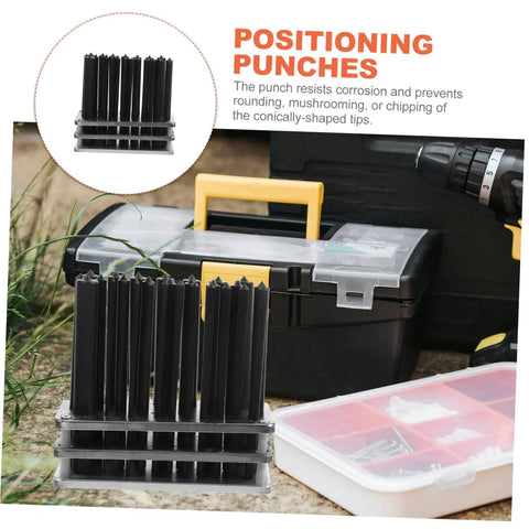 28 Piece Cylindrical Punch Set With Non Slip Base For Woodworking And Maintenance Tools displayed on a toolbox