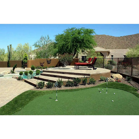 Pro Grade Indoor Outdoor Golf Putting Green Mat With Dense Artificial Grass Turf 5 Ft By 10 Ft in backyard setting