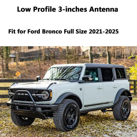 Slick Low Profile 3 Inch Short Antenna Replacement For Bronco 2021 2022 2023 2024 2025 2026 With Great Reception Car Wash Safe Easy Install Premium Aluminum Mast Bronco Accessories on a white Ford Bronco in a forest setting.
