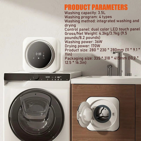 No Sweat Mini Portable Washer And Dryer Combo Runs Front Load Wash Cycle With Digital Display and wall mount, 3.5L capacity.