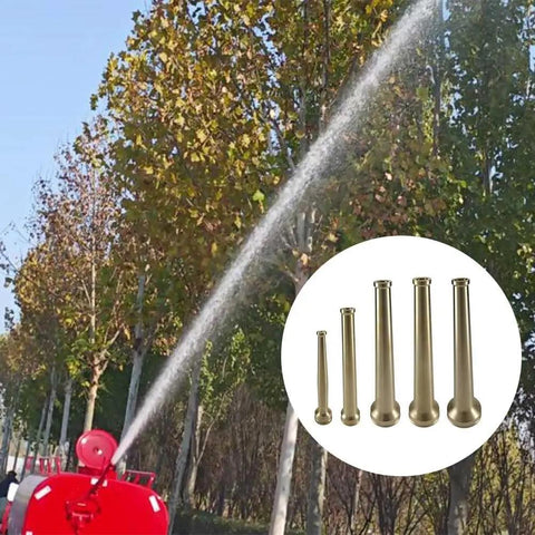 Heavy Duty Solid Brass Fire Hose Nozzle One Point Five Inch NPT Fitting spraying water in a firefighting demonstration outdoors.
