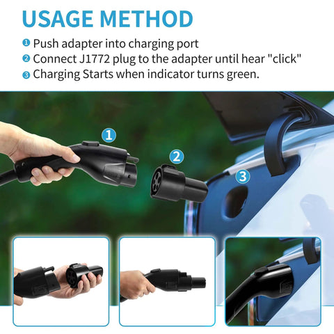 Usage method for Smooth Operator J1772 To Tesla Charging Adapter demonstrating plug connection steps.