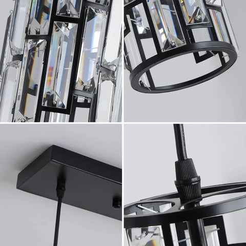 Close-up views of Four Light Black Crystal Pendant Lights With Adjustable Dope Modern Mini Island Chandeliers detailing.