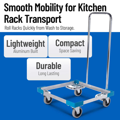 Aluminum Dishwashing Racks Dolly With Handle For Kitchens And Restaurants, 20.63 By 20.63 Inch Base, 36.5 Inch Tall, Holds 19.75 Inch Square Glass Racks, Blue, Four Inch Non Marking Casters, 300 Pound Capacity, BPA Free And Easy To Clean