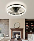 Modern 18 Inch Ceiling Fan With Lights And Remote, Dimmable LED, flush mount in living room, black finish, bladeless design