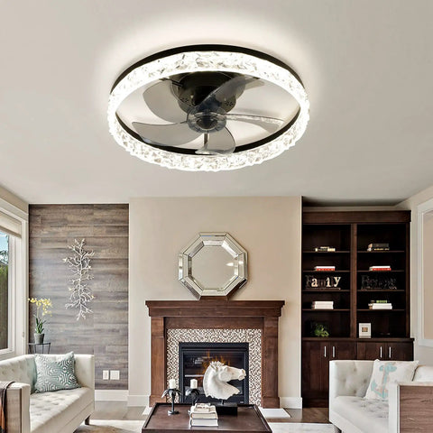 Modern 18 Inch Ceiling Fan With Lights And Remote, Dimmable LED, flush mount in living room, black finish, bladeless design
