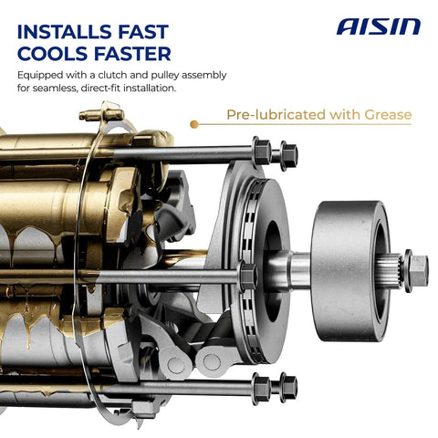 Precision Engineered Aftermarket AC Compressor With Heavy Duty Clutch showing pre-lubricated components for quick installation.