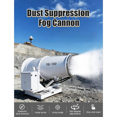 Heavy Duty Mobile Fog Cannon Sprayer With High Power Water Mist Generator For Demolition Sites Quarry Loading Zones Road Construction And Outdoor Industrial Dust Control Cooling Applications Durable Portable Design Built To Handle Tough Jobs On Site Like, large fog cannon spraying mist on construction site.